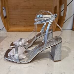 ASOS SIMI LONDON size 10 wide block heeled sandals embellished silver sparkle